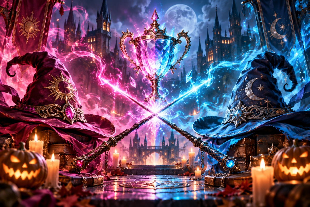Rival magical academies with glowing wands and a crystal trophy