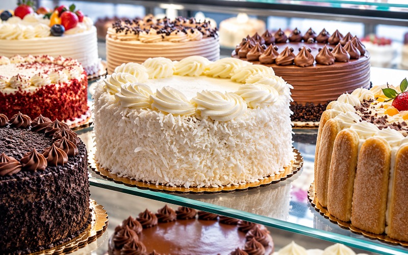 Assorted cakes on display