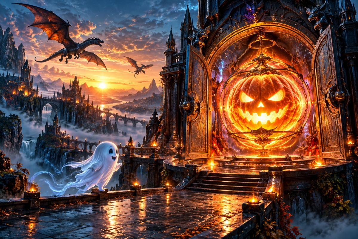 A friendly ghost approaching Halloween magic locked in a vault