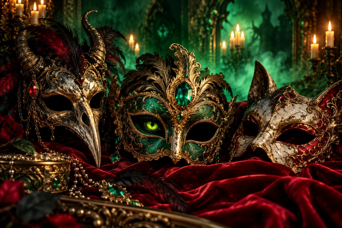 Ornate monster masks with a mysterious green eye
