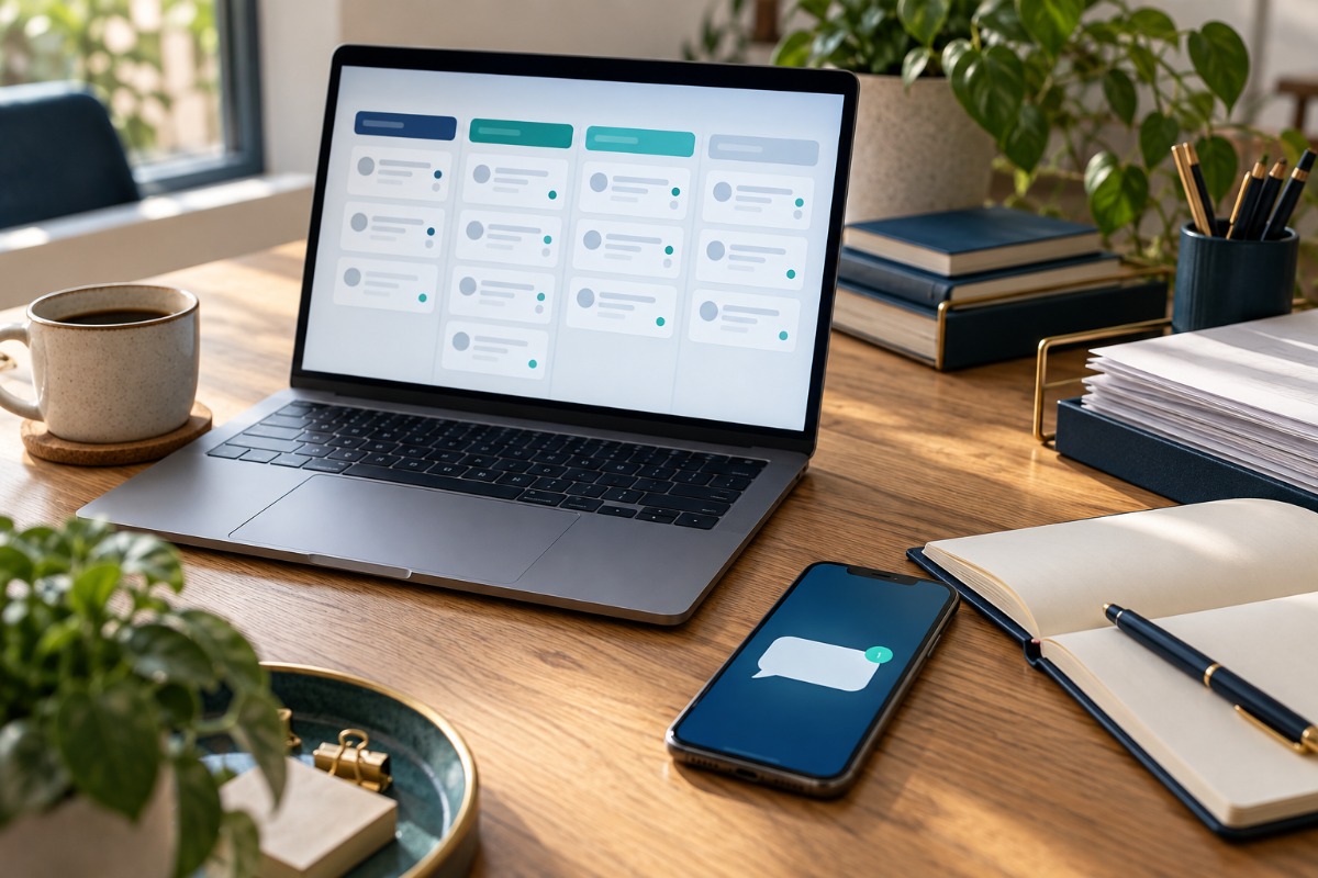 Laptop showing organized inquiry cards beside a smartphone and notebook