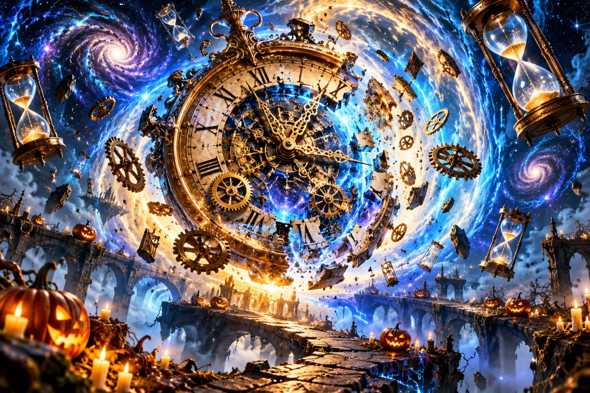 An antique clock breaking apart inside a brilliant time portal