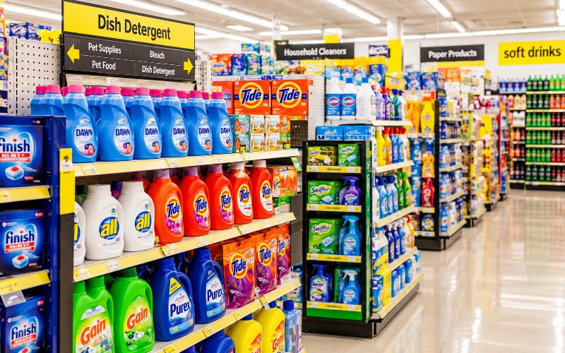 Household cleaning products in a store aisle