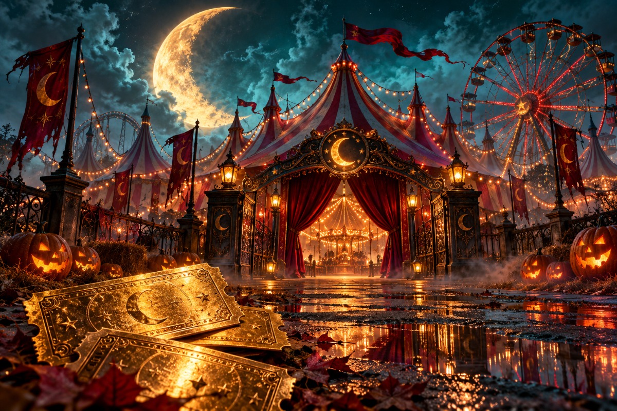 A glowing midnight carnival beneath a crescent moon