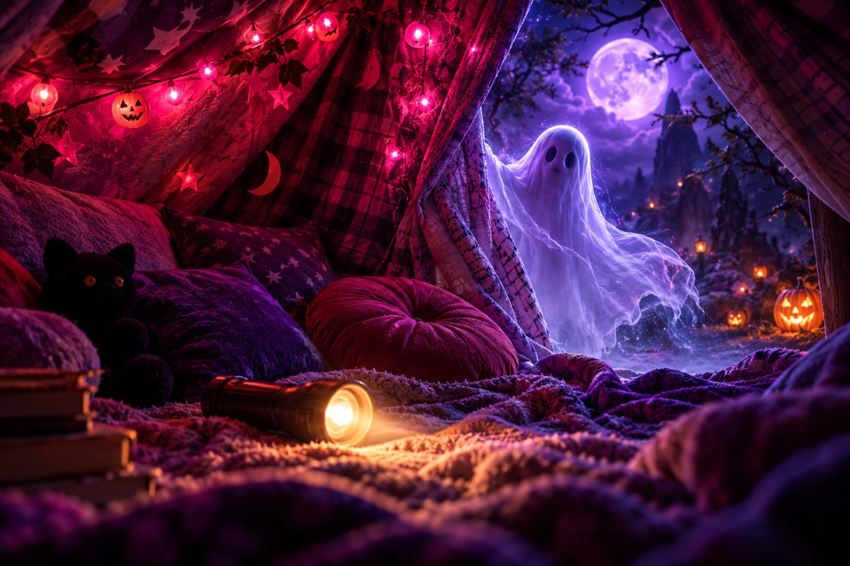 A mysterious glowing ghost outside a cozy sleepover tent