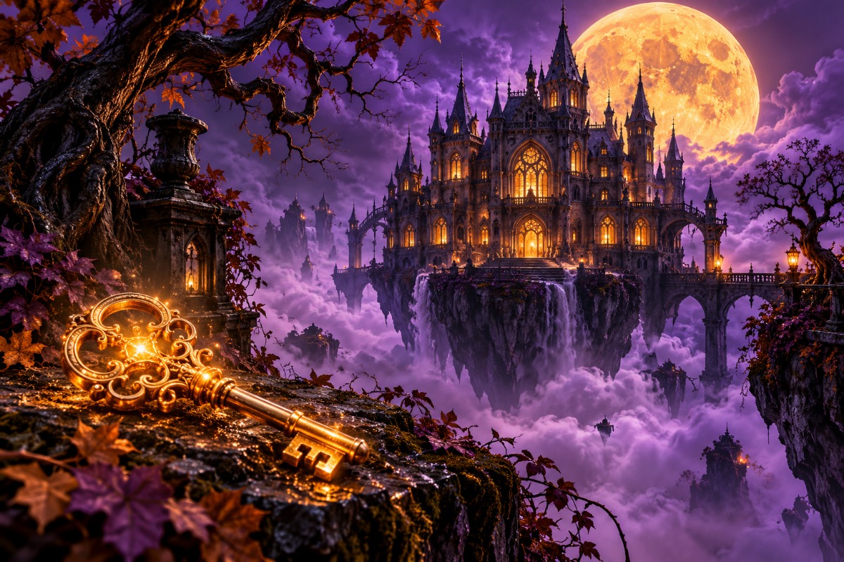 A fantastical moonlit mansion above purple mist