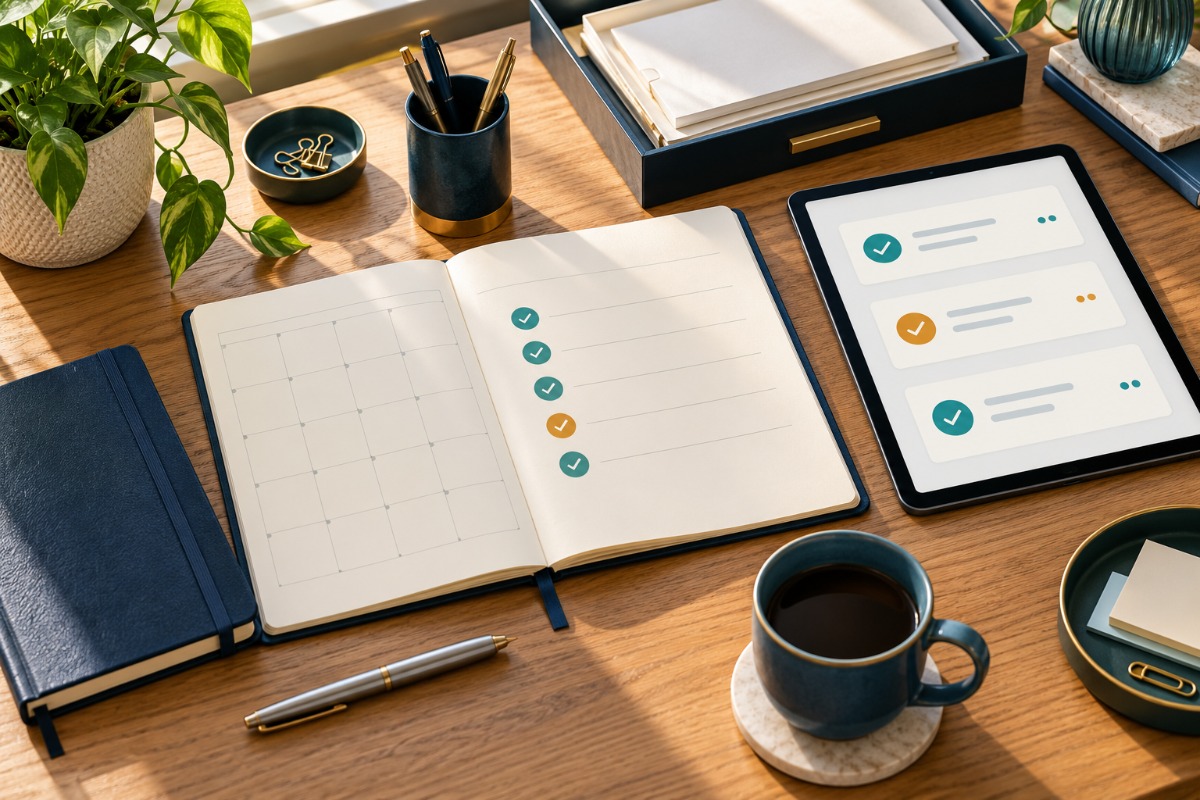 Organized planner and tablet with review checklists on a business desk