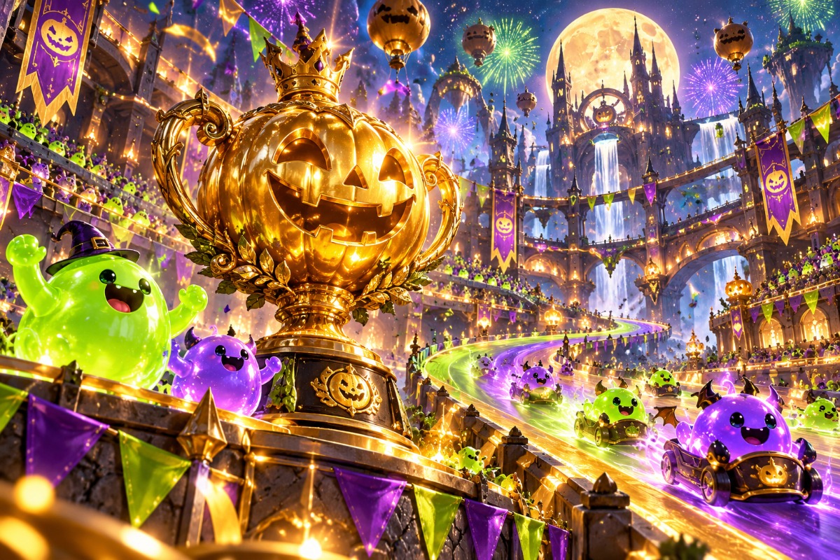 A glowing pumpkin trophy in a colorful monster tournament