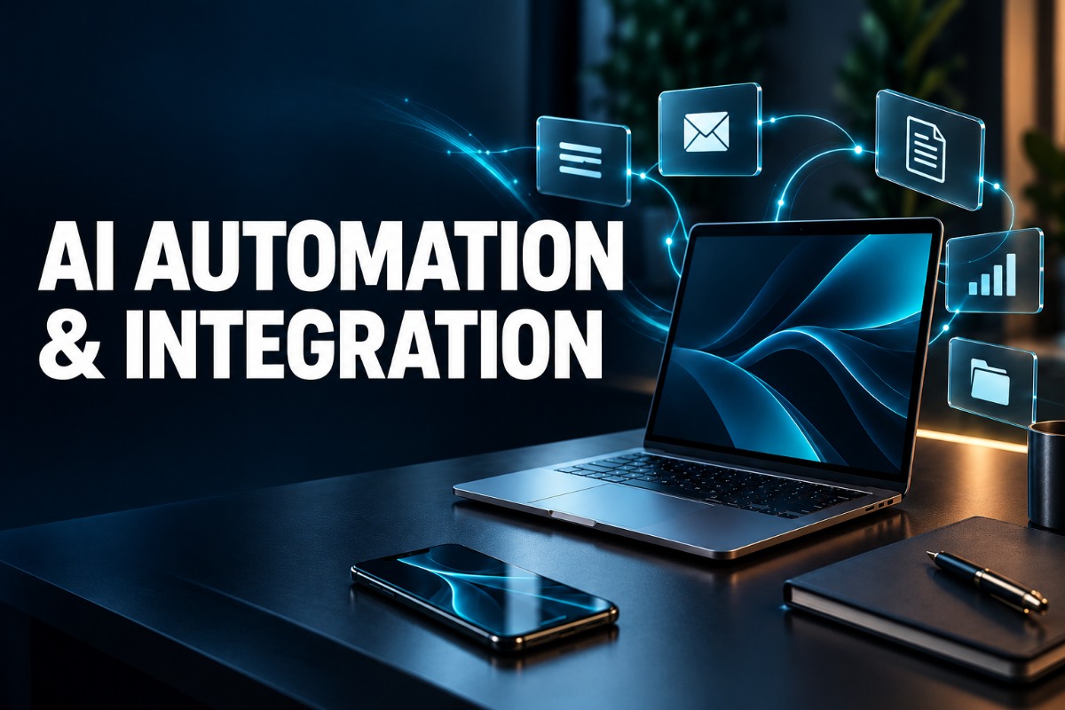AI Automation and Integration graphic with laptop and connected business tools